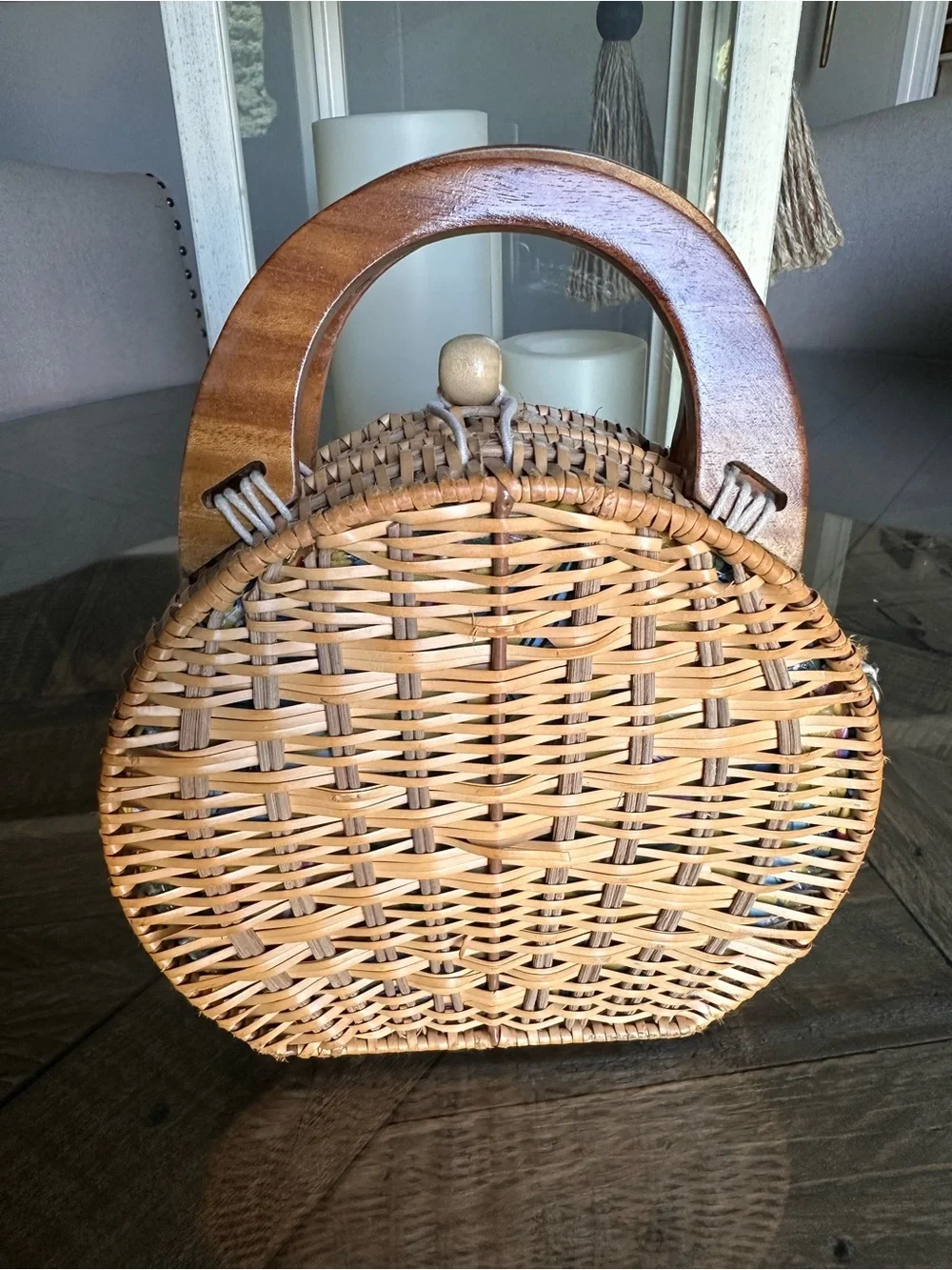 Wooden Purse Hinged Basket Weave Sides Handles Clasp Interior Floral Cloth Lined - Picture 1 of 12